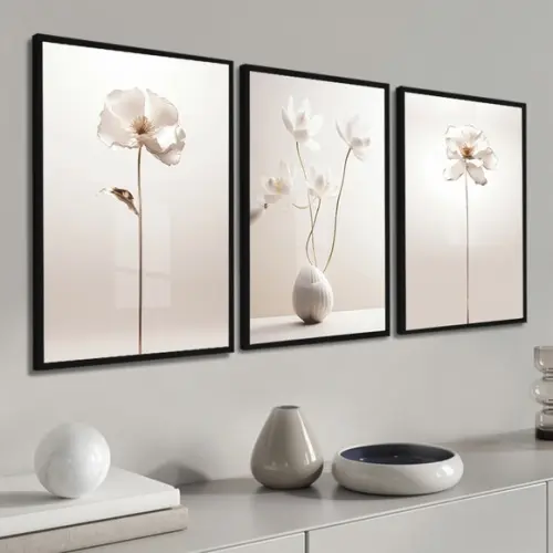 Kit 3 Quadros Decorativos Flores Bege Modernas Moldura Vidro