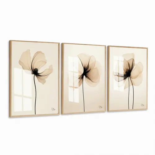 Kit 3 Quadros Decorativos Flores Bege Moderna Luxo com Vidro