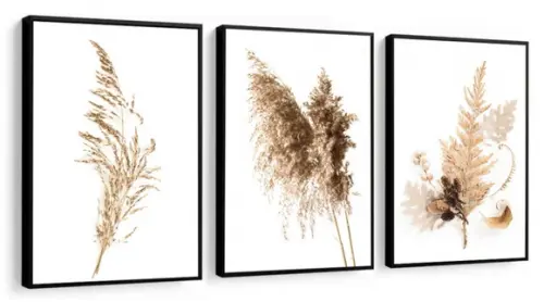 Kit 3 Quadros Decorativos Flores Bege Para Sala Com Moldura