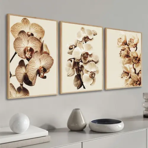 Kit 3 Quadros Decorativos Flores Bege Orquídea Com Moldura