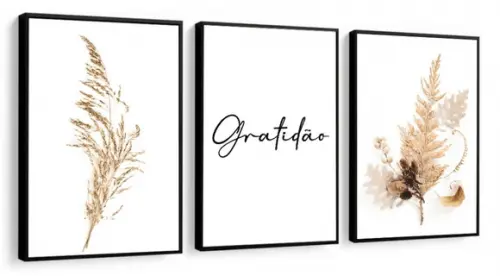 Kit 3 Quadros Decorativos Flores Bege Gratidão Sala Molduras
