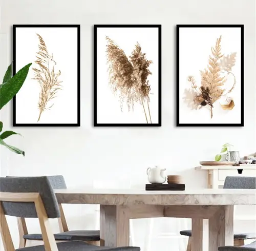 Kit 3 Quadros Decorativos Flores Bege Para Sala Com Moldura