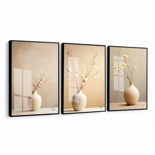 Kit 3 Quadros Decorativos Flores Boho Bege Luxo com Vidro