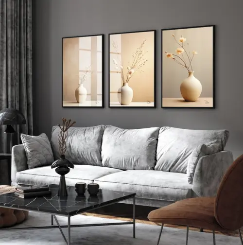 Kit 3 Quadros Decorativos Flores Boho Bege Luxo com Vidro