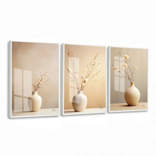 Kit 3 Quadros Decorativos Flores Boho Bege Moldura e Vidro