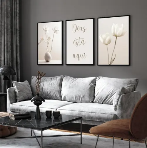 Kit 3 Quadros Decorativos Flores Boho Deus Está Aqui Moldura