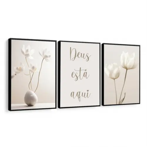 Kit 3 Quadros Decorativos Flores Boho Deus Está Aqui Moldura