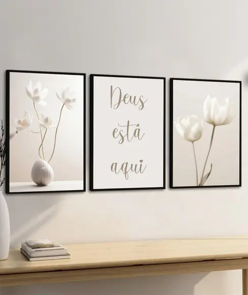 Kit 3 Quadros Decorativos Flores Boho Deus Está Aqui Moldura