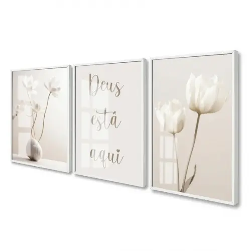 Kit 3 Quadros Decorativos Flores Boho Deus Está Aqui Vidro