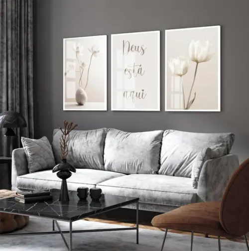 Kit 3 Quadros Decorativos Flores Boho Deus Está Aqui Vidro