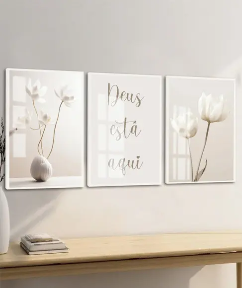 Kit 3 Quadros Decorativos Flores Boho Deus Está Aqui Vidro