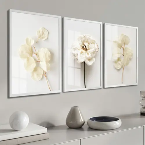 Kit 3 Quadros Decorativos Flores Brancas Com Moldura E Vidro