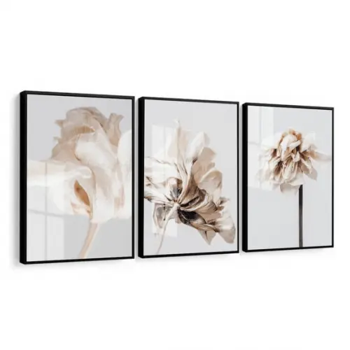 Kit 3 Quadros Decorativos Flores Brancas Com Moldura E Vidro