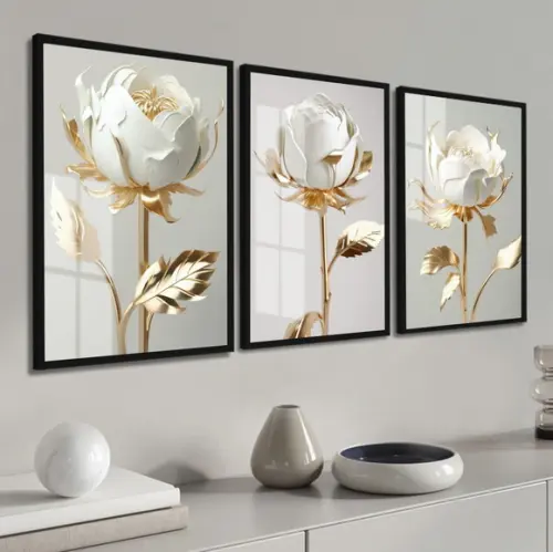 Kit 3 Quadros Decorativos Flores Brancas Douradas com Vidro