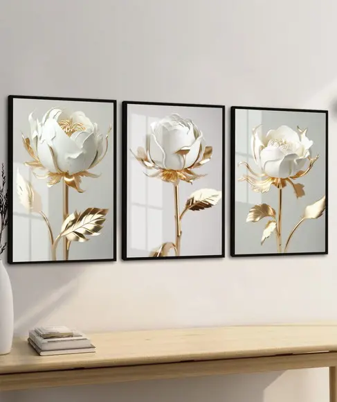 Kit 3 Quadros Decorativos Flores Brancas Douradas com Vidro