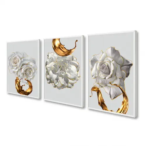 Kit 3 Quadros Decorativos Flores Brancas Dourada Com Moldura