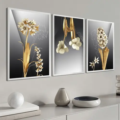 Kit 3 Quadros Decorativos Flores Brancas e Dourada Moldura