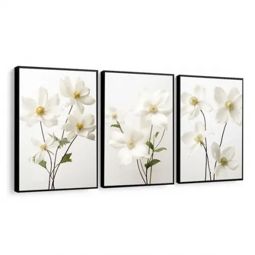 Kit 3 Quadros Decorativos Flores Brancas Modernas Moldura