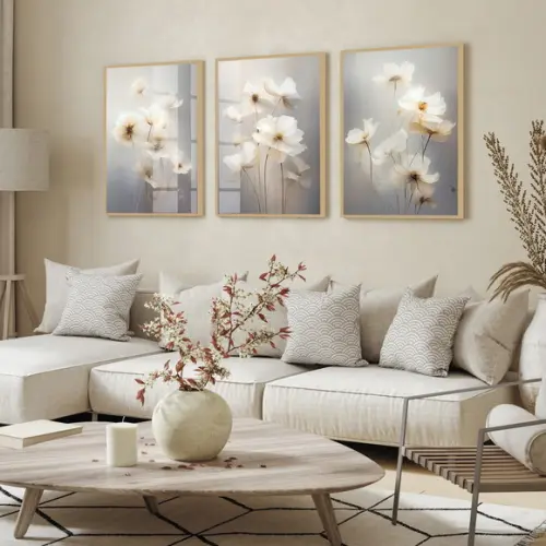 Kit 3 Quadros Decorativos Flores Brancas Modernas Sala Vidro