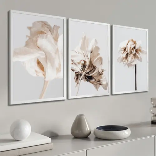 Kit 3 Quadros Decorativos Flores Brancas Modernas Moldura