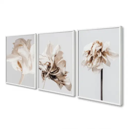 Kit 3 Quadros Decorativos Flores Brancas Modernas Moldura