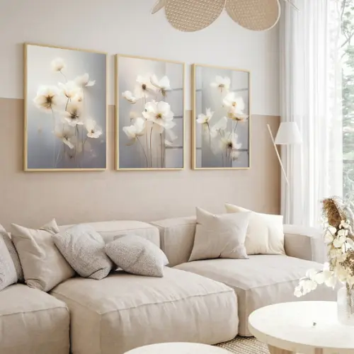 Kit 3 Quadros Decorativos Flores Brancas Modernas Sala Vidro