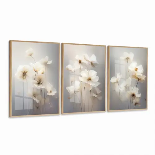 Kit 3 Quadros Decorativos Flores Brancas Modernas Sala Vidro