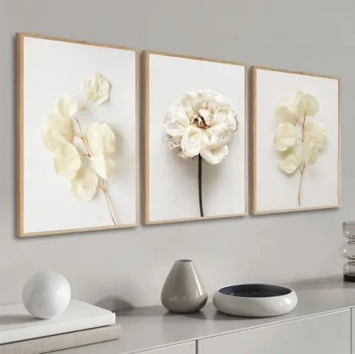 Kit 3 Quadros Decorativos Flores Brancas Para Sala Moldura