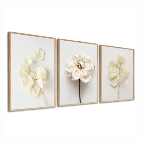 Kit 3 Quadros Decorativos Flores Brancas Para Sala Moldura