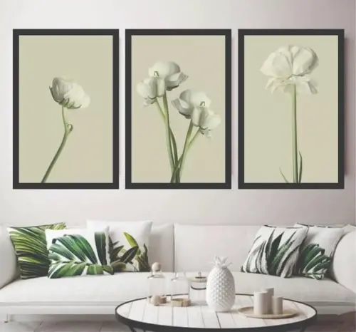 Kit 3 Quadros Decorativos Flores Brancas Para Sala Moldura