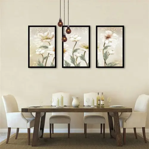 Kit 3 Quadros Decorativos Flores Brancas Para Sala Molduras