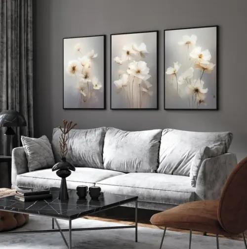 Kit 3 Quadros Decorativos Flores Brancas Sala Hall Moldura