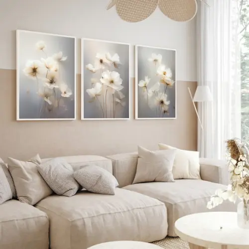 Kit 3 Quadros Decorativos Flores Brancas Sala Quarto Moldura