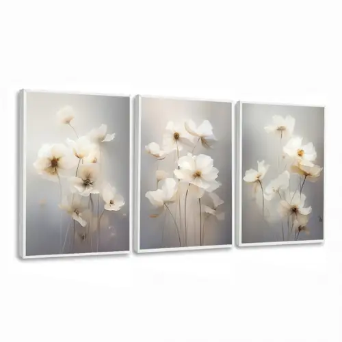 Kit 3 Quadros Decorativos Flores Brancas Sala Quarto Moldura