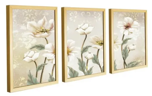 Kit 3 Quadros Decorativos Flores Brancas Sala Quarto Moldura
