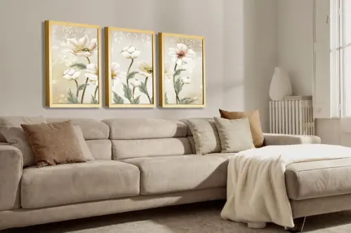 Kit 3 Quadros Decorativos Flores Brancas Sala Quarto Moldura