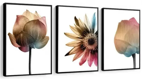 Kit 3 Quadros Decorativos Flores Coloridas Sala Com Moldura