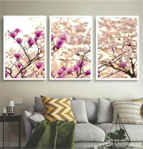 Kit 3 Quadros Decorativos Flores De Cerejeira Para Sala Hall