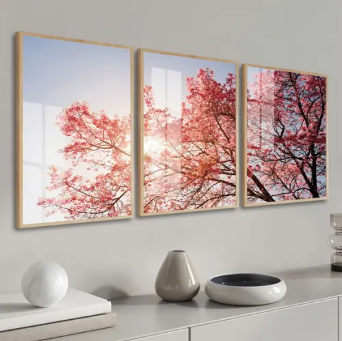 Kit 3 Quadros Decorativos Flores de Cerejeira Moldura Vidro
