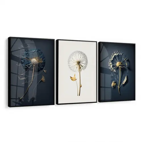 Kit 3 Quadros Decorativos Flores Dente de Leão Moldura Vidro
