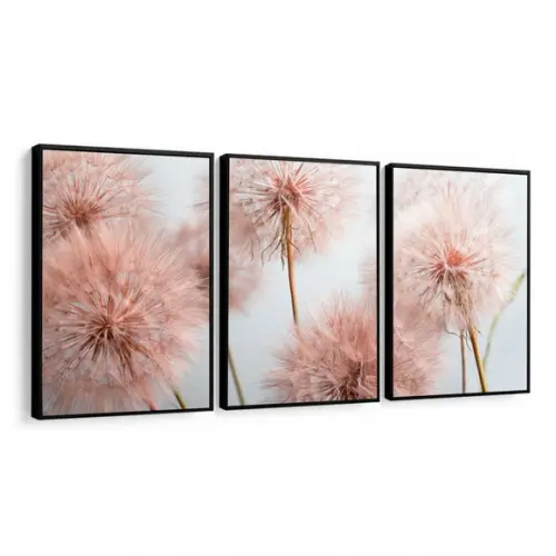 Kit 3 Quadros Decorativos Flores Dente De Leão Rosa Moldura