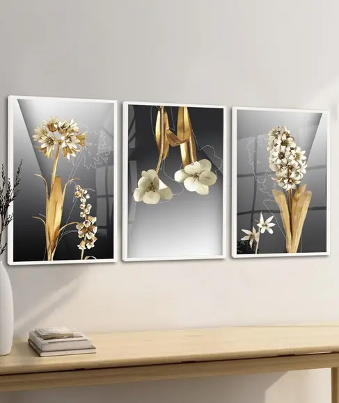Kit 3 Quadros Decorativos Flores Douradas com Moldura Vidro
