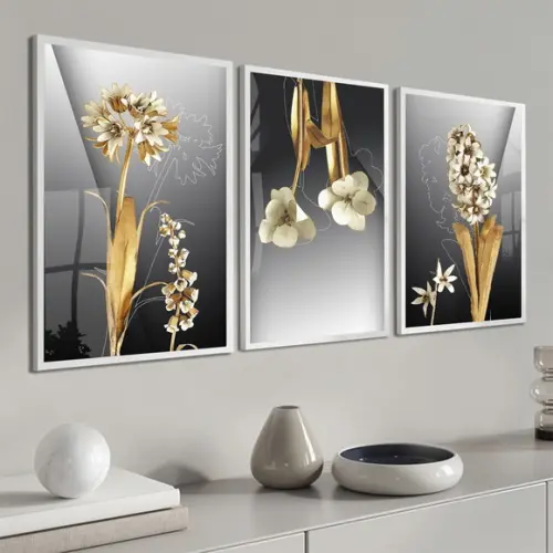 Kit 3 Quadros Decorativos Flores Douradas com Moldura Vidro