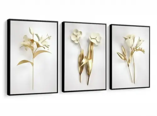 Kit 3 Quadros Decorativos Flores Douradas Branca Com Moldura