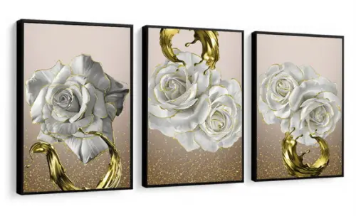 Kit 3 Quadros Decorativos Flores Douradas Gold Com Moldura