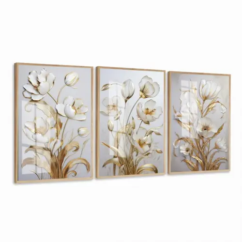 Kit 3 Quadros Decorativos Flores Douradas Gold Luxo Vidro