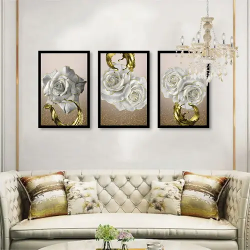 Kit 3 Quadros Decorativos Flores Douradas Gold Com Moldura