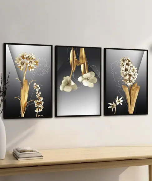 Kit 3 Quadros Decorativos Flores Douradas Modernas Moldura