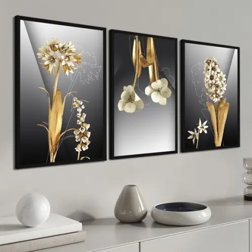 Kit 3 Quadros Decorativos Flores Douradas Modernas Moldura