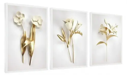 Kit 3 Quadros Decorativos Flores Douradas Moderno Gold Hall